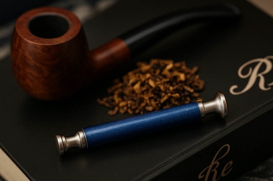Blue pipe tamper next to a curved wooden smoking pipe and loose tobacco on a dark surface.